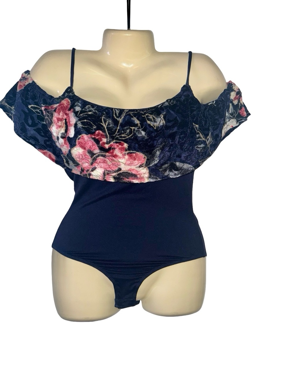Francesca's Navy Velvet Floral Bodysuit with Pink Bloom Detail